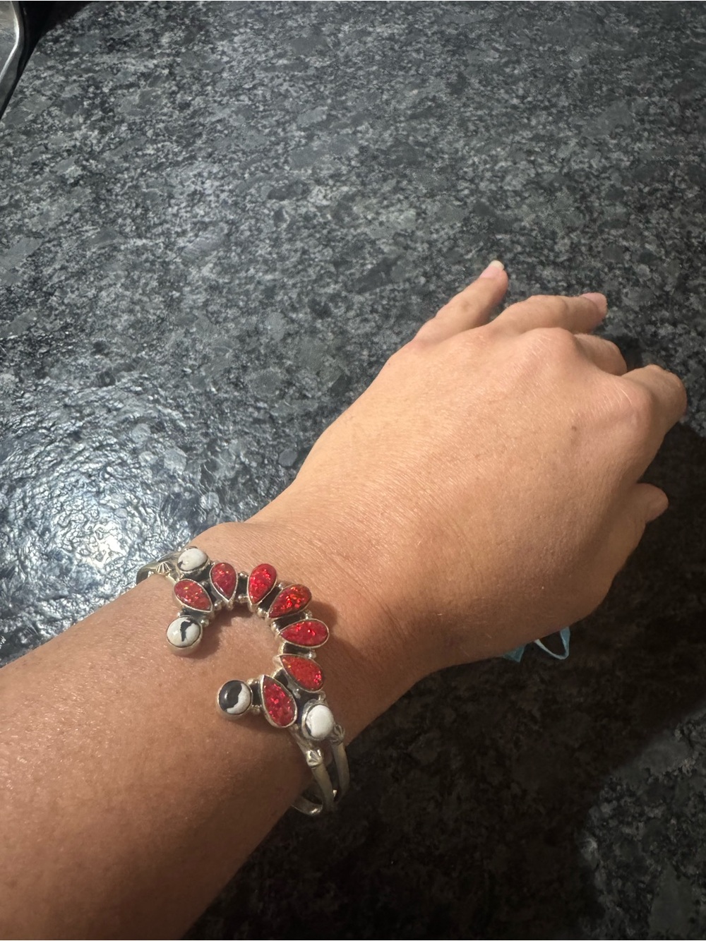 Silver-Tone Cuff Bracelet with Red Teardrop Stones